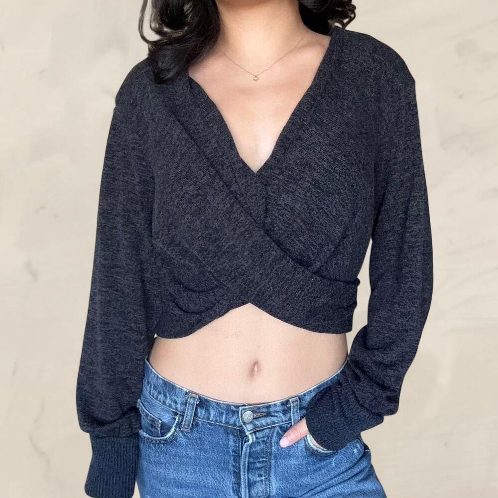 Anthropologie Charcoal Cropped Wrap Twist Sweater size small long sleeve